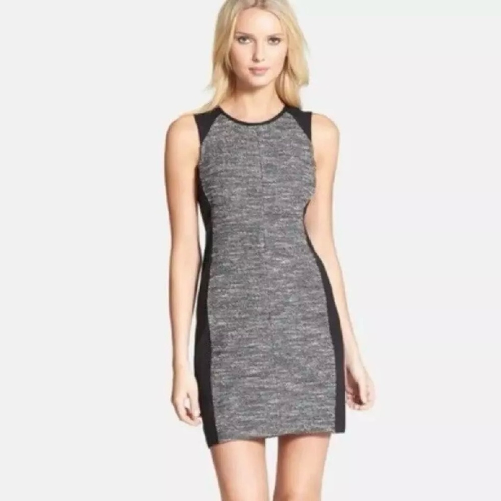 Eileen Fisher Gray Black Tweed Contrast Panel Dress XS mini houndstooth